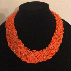 Orange and Rhinestone Beaded Statement Necklace